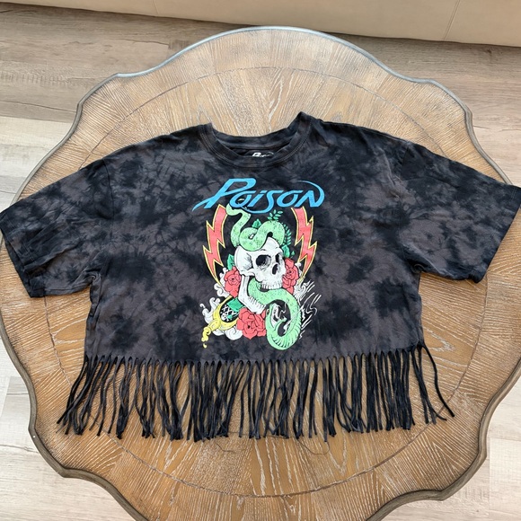 Poison Tops - Women’s Poison 2023 Cropped Fringe Tie-Dye T-Shirt Black Large 1980s Band